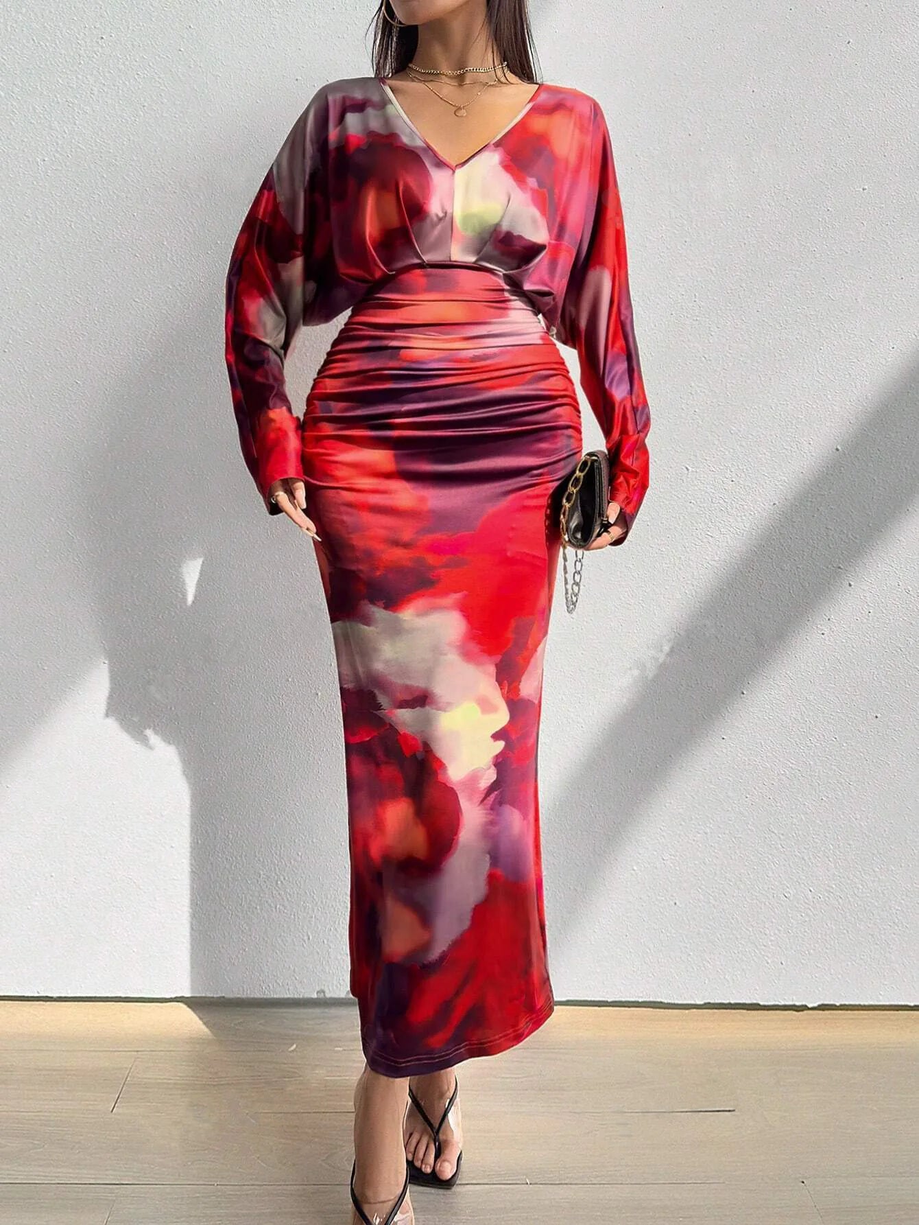 New V-neck pleated ladies sexy slim European style trendy long dress.  S-XL