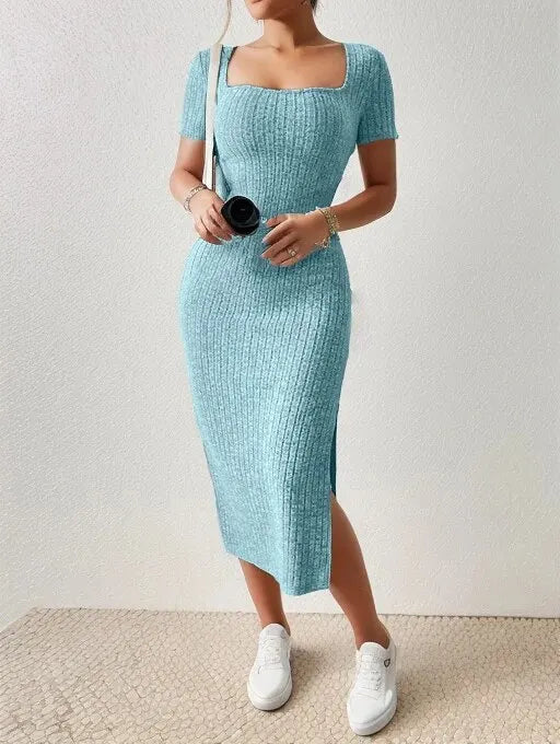 Ladies Square Neck, Hip-Hugging Mid-Length Dress Short-Sleeved, Versatile Knitted Slit Dress