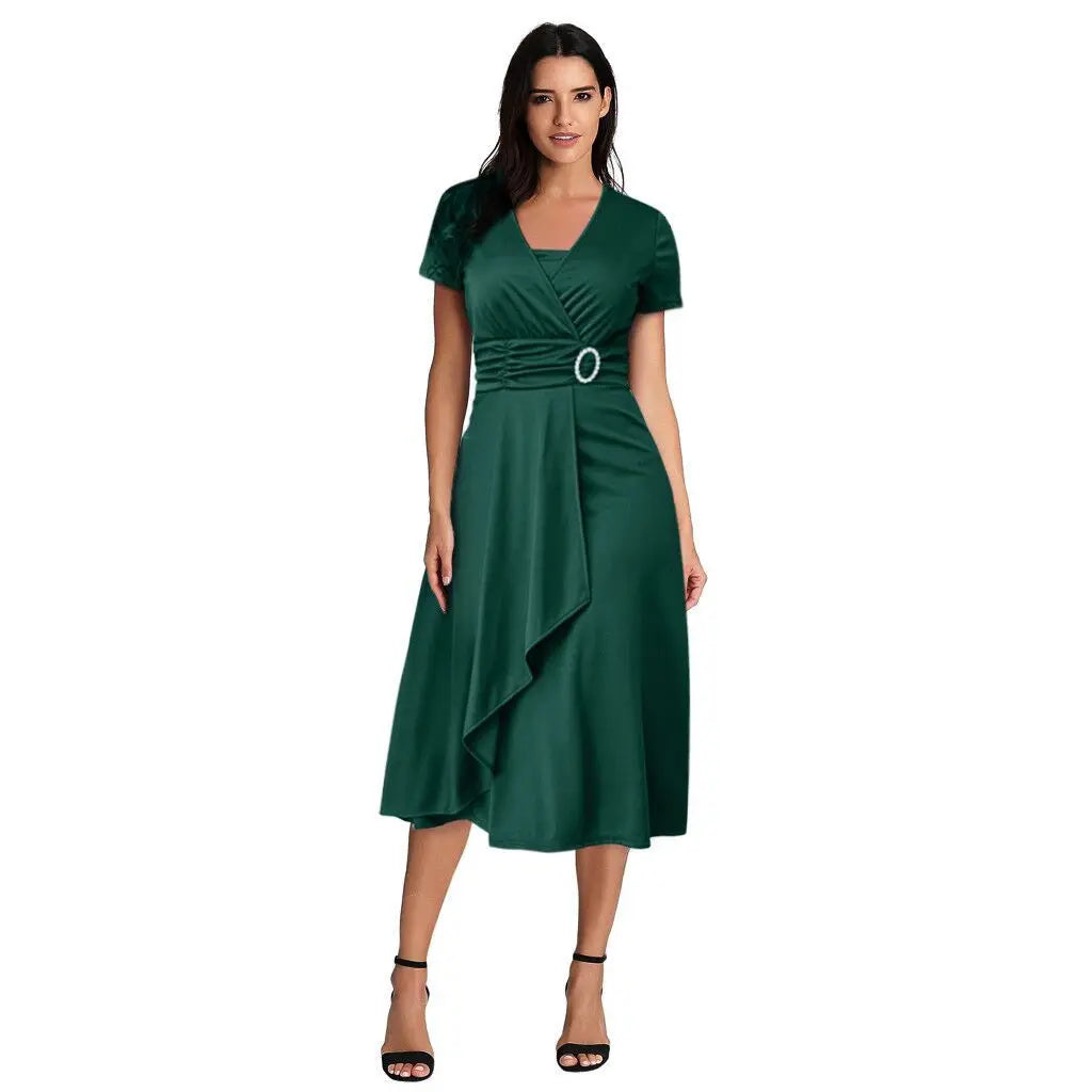 Elegant Women Solid Color Short Sleeve V Neck Asymmetric Hem Waist Tight Midi Party .  S-2X