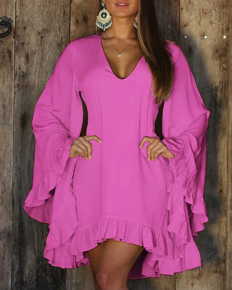 Solid Colour V-Neck Ruffle Hem Bell Sleeve Slight Stretch Dress.  S-xxL