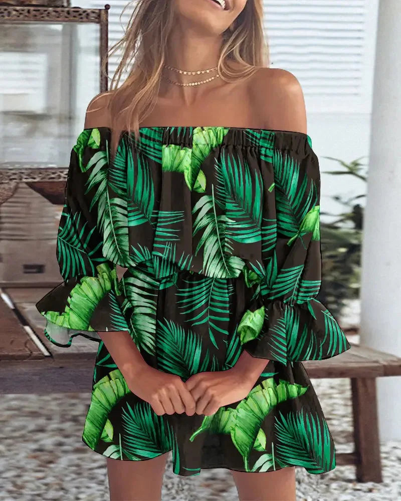 Sexy Neck Long Flare Sleeve Floral Print Mini Summer Boho Style Dress.  S-3x