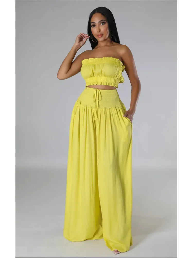 Sexy Ultra Short Breast Wrap And Pants Stylish Ladies 2 Piece Strapless Top + Loose Wide Leg Pant Suit.  S-xxL