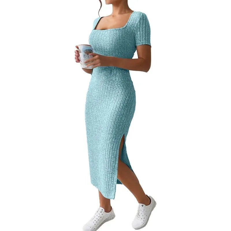 Ladies Square Neck, Hip-Hugging Mid-Length Dress Short-Sleeved, Versatile Knitted Slit Dress