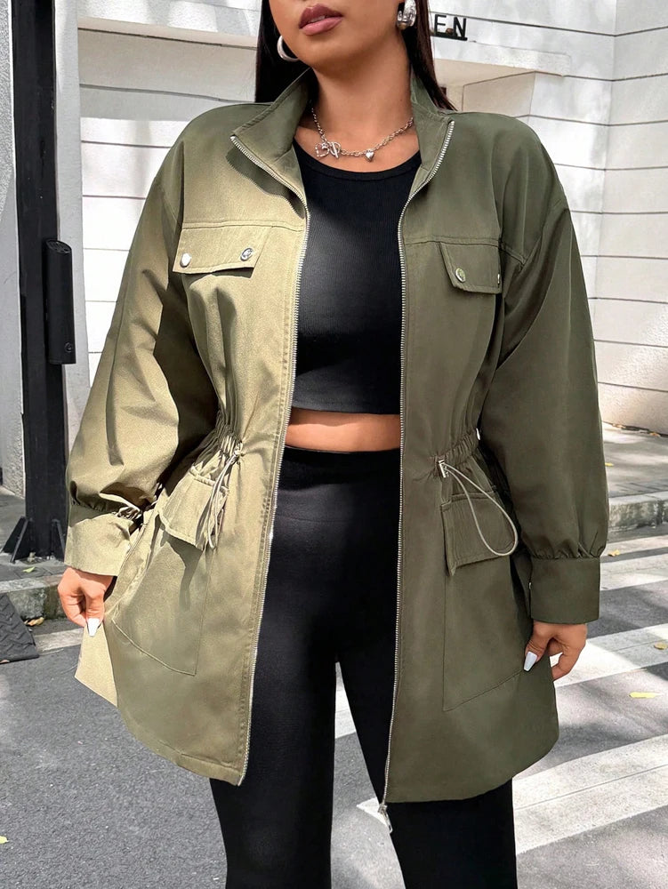 Plus Size Women's Solid Colour Jacket Casual Fashion Wind  Breaker Zipper All Season Jacket.   Xl-4X