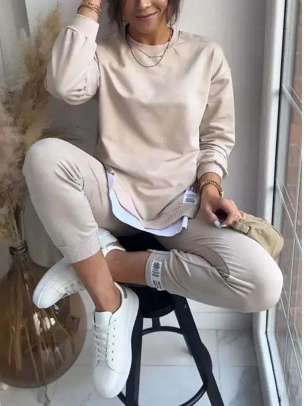 New Autumn Patchwork Loose Two Piece Set  Women's Fashion Long Sleeve Pullover Casual Hoodie And Sport Pants