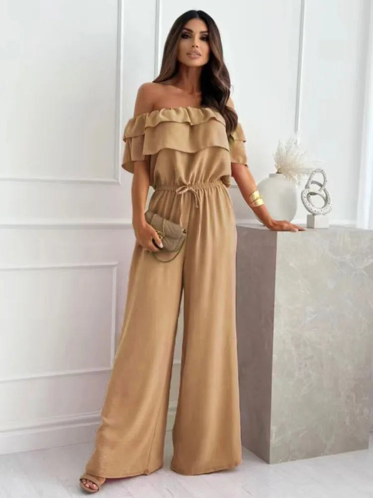 New Fashion Women's Solid Colour Jumpsuit Casual off-the-Shoulder Short Sleeve Jumpsuit