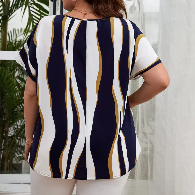Plus Size Women's Striped Printed Short-Sleeved Crew Neck Elegant Tops with Side Knotted Design.