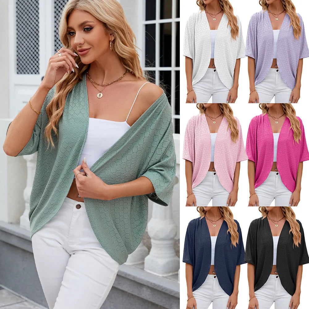 New spring Summer Fashion Ladies Hollow Out Cardigan solid color short-sleeved casual loose top Women Outwear.  S-2X