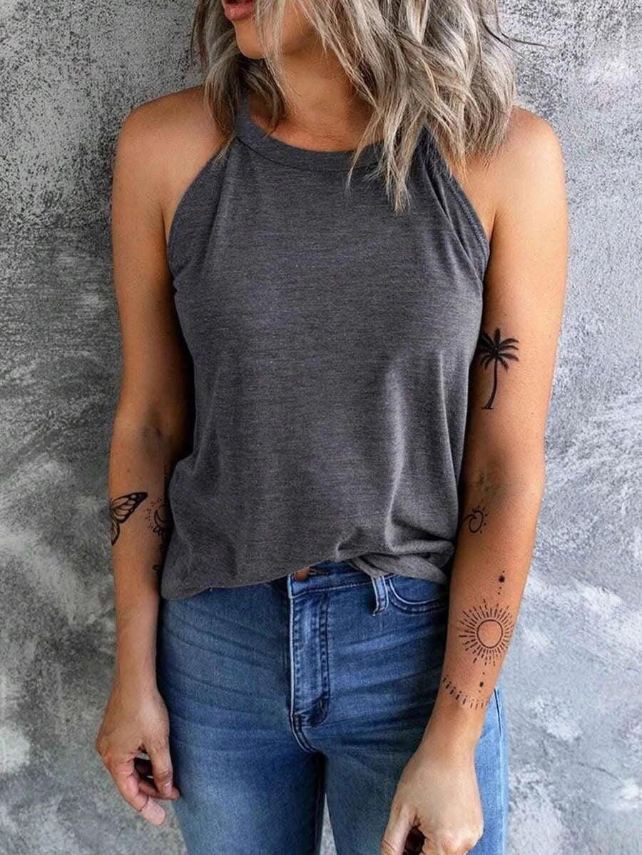 Women's Summer Sleeveless Halter Tee Shirts Crew Neck Workout Tank Tops Casual Plain Shirts.   S-2X