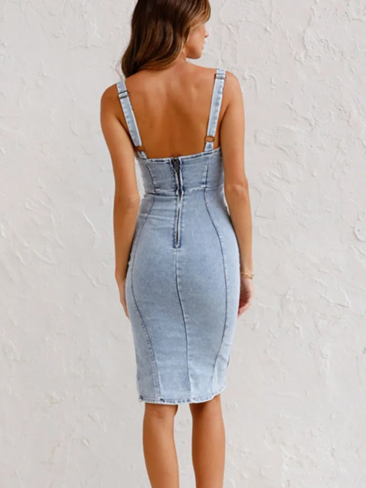 Summer New U Neck Halter Denim Fashion Slim Fit Hip Retro Sexy Split Denim Dress.  S-xxL