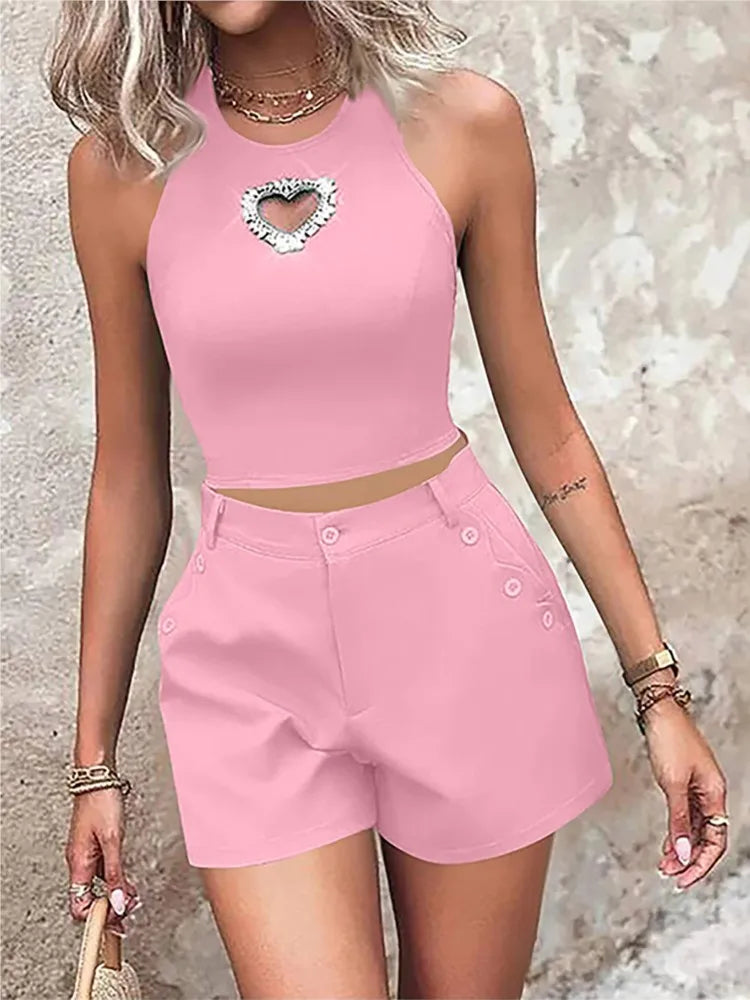 Summer Fashion Love Diamond Top, Simple Pocket Shorts 2 Piece Set
