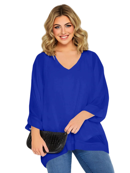 Women's Plus Size Elegant Cape Blouse V-neck Loose Oversized Flowy Casual Chiffon Blouse