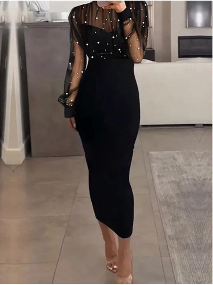 Quality Transparent Long Sleeved Solid Color Sequin Dress Versatile Fashionable Sexy Women's Dress.  S-2X