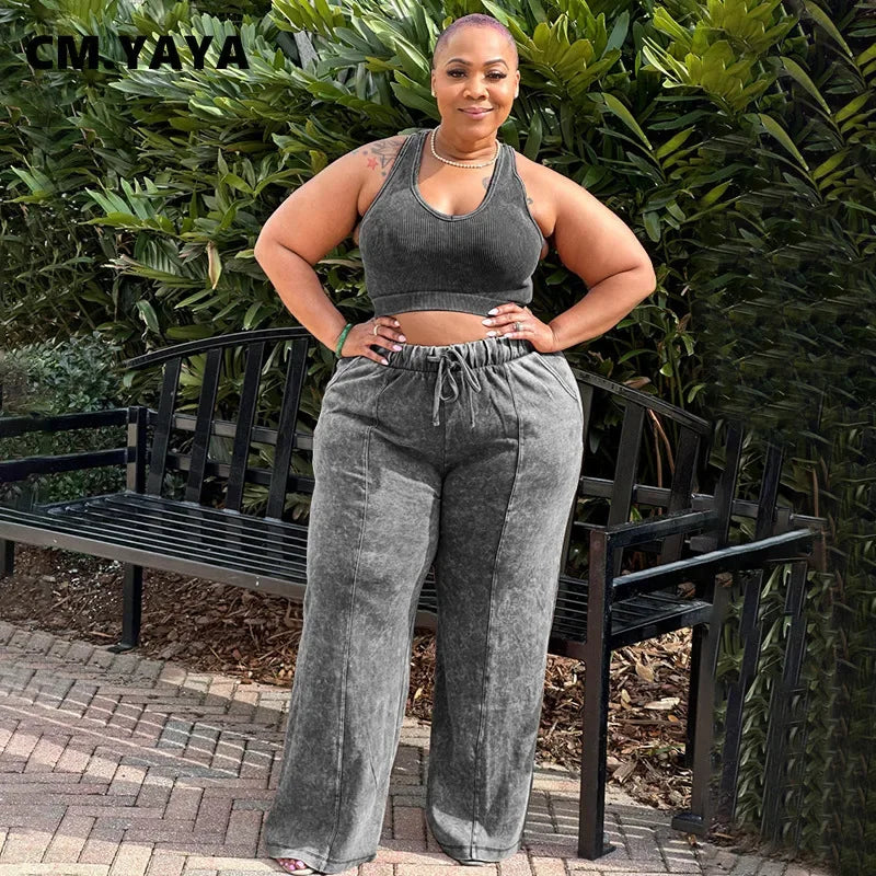 Plus Size Women's Sleeveless Top +Wide Leg Straight Pants Washed Two 2 Piece Set Outfit .
