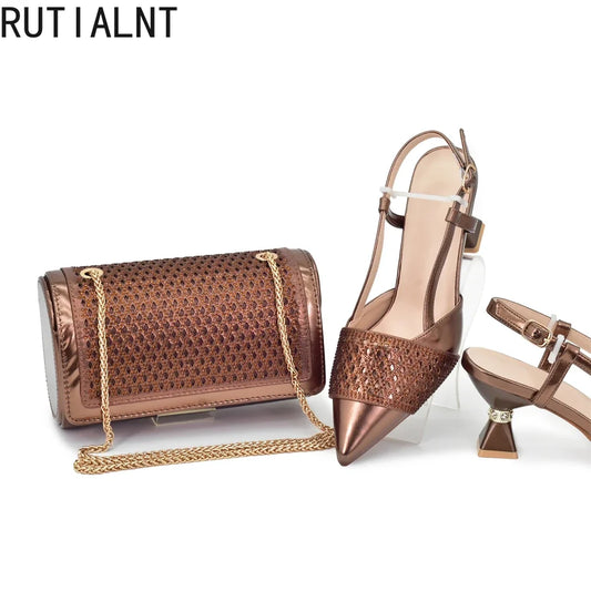 New Arrival Women Italian Shoes and Matching Bag Set Decorated with Rhinestones