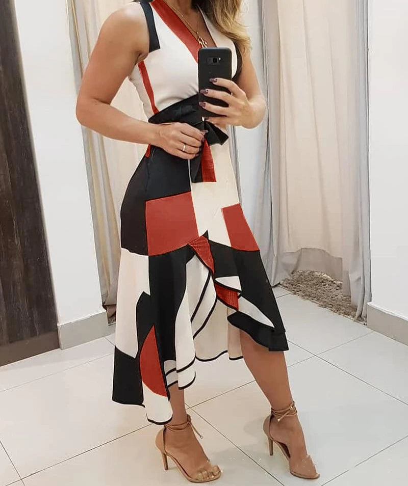 Sleeveless Summer V-neck Printed Versatile Long Dress.  S-3X