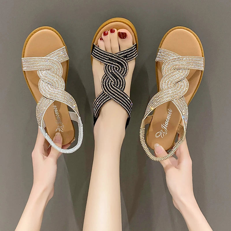 Summer New Designer Sandals Women Fashion Casual Roman Crystal Bling Sandals