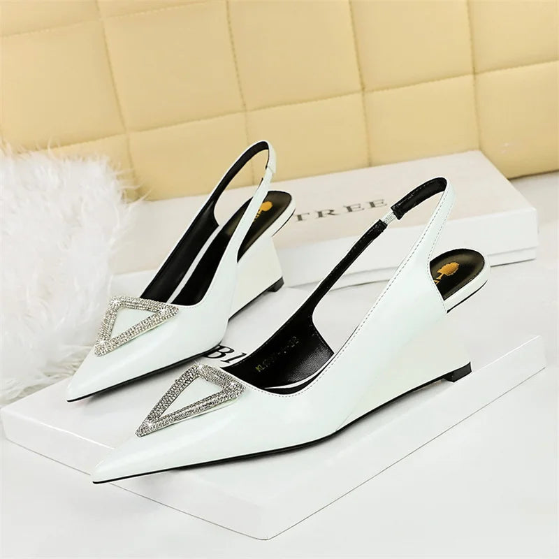 Women Wedge Shoe High Heel Pointed Toe, Back Straps Patent Leather Triangle Metal Crystal Buckle Pumps