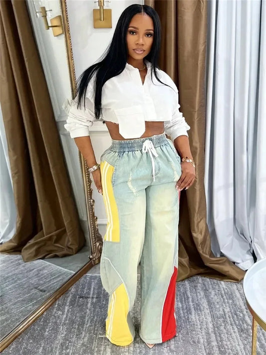 Women Straight Drawstring Waist Wide Leg Jeans 2025 Denim Patchwork Sporty Trousers.  S-2x