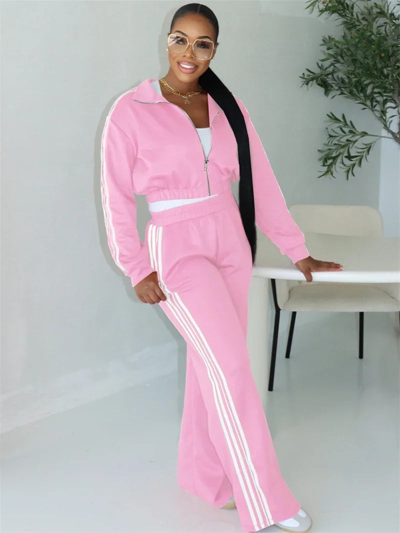 Streetwear 2 Piece Sets Women Outfit Side Striped Crop jacket and Pant Set Casual Sweatsuit.  S-2X