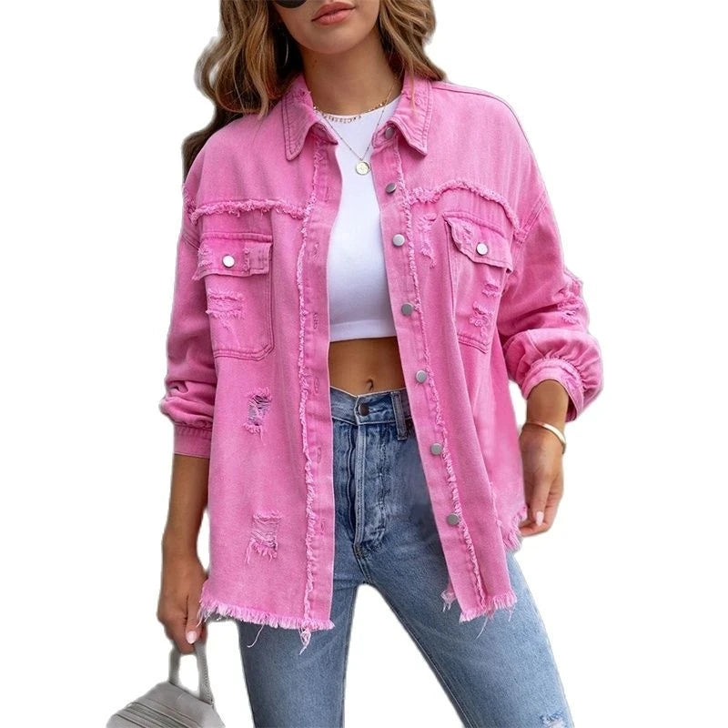 Raw-edged Denim Jacket Shirt Style Denim Casual Outerwear.   S-2x