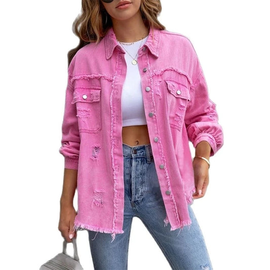 Raw-edged Denim Jacket Shirt Style Denim Casual Outerwear.   S-2x