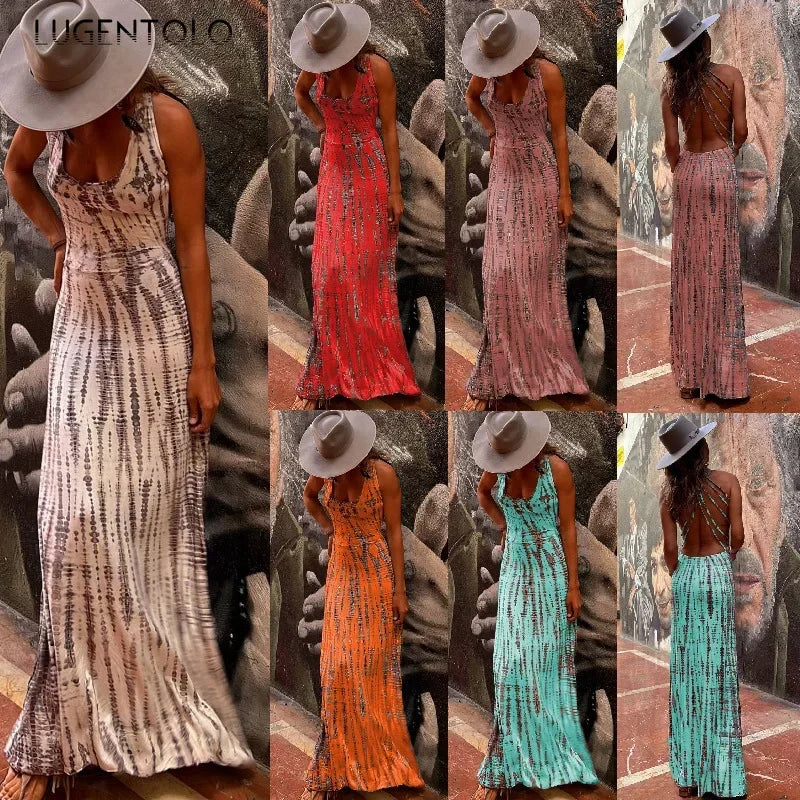 Women Sexy Print Dress Backless Cross Sleeveless Spring Summer Thin Casual Multiple Patterns Long dress.