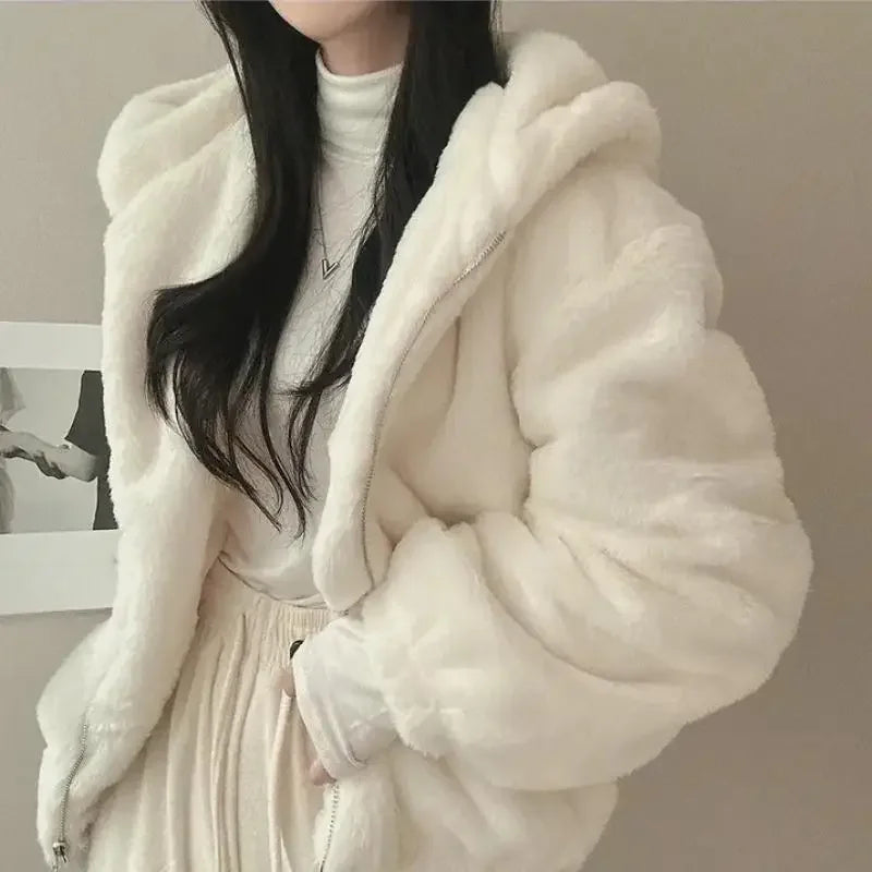New Fashion Hooded Plush Thick Jacket Women's Padded Thickened Zipper Warm Short Cute Coat.  S-XXL