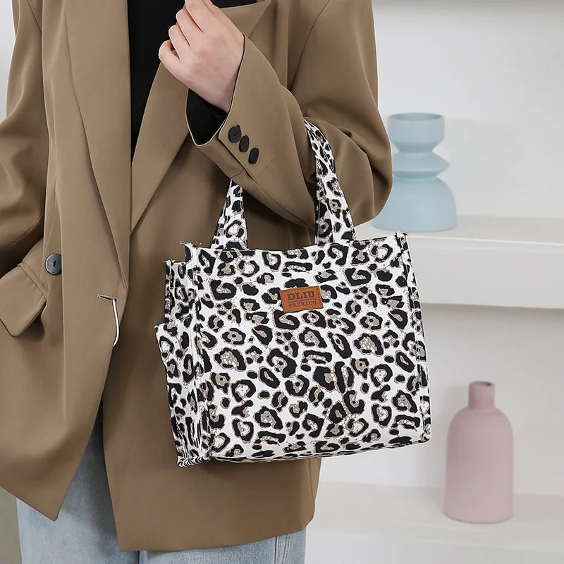 New Retro Leopard Print Large Capacity Lunch Tote Bag with Storage Pouch Commuter Work Handbag Portable Meal Bag