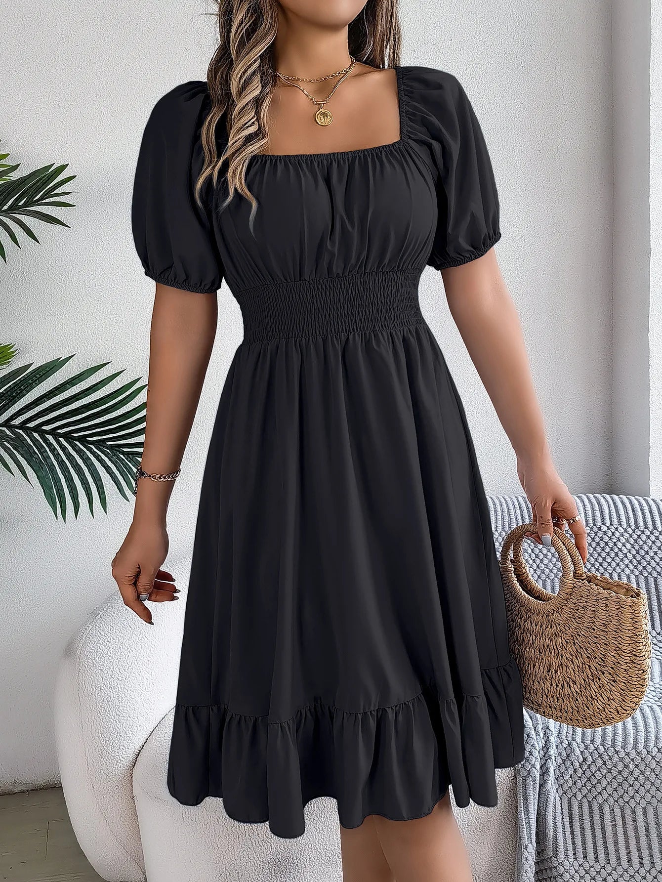 Women's Summer Casual Square Neck Short Sleeved Ruffle Edge Dress