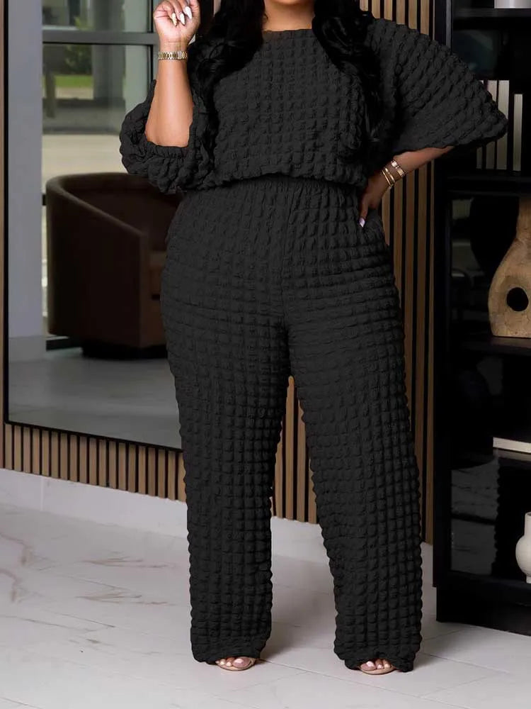 Curvy Size Woman Casual and Comfortable Long Sleeve 2 Piece Outfit Set Bubble Waffle Pleated Top and Pants.