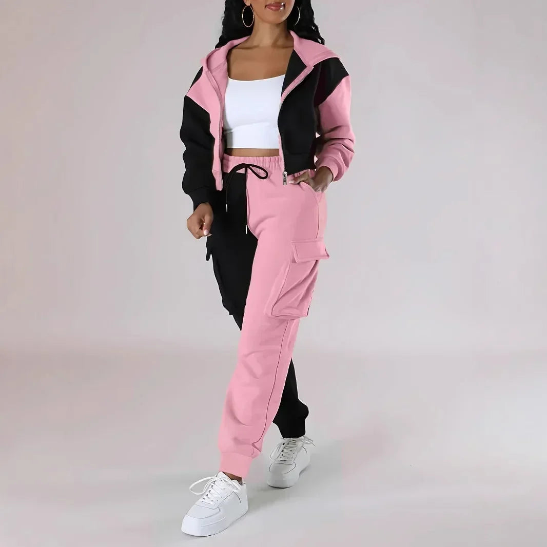 Women Loose Two Piece Matching Set Zip- Up Hoodie And Drawstring Cargo Pants Suit.  S-2x