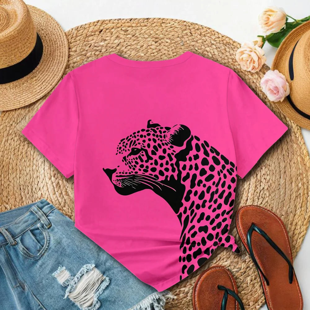 Women's Bright Pink T-Shirt with Black Leopard Print Casual Summer Style Short Sleeve Top For Daily Wear.   XS-3X