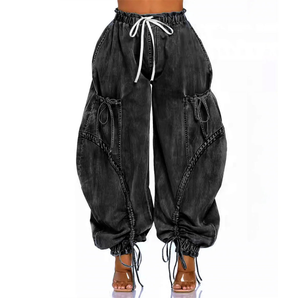Women Street wear Drawstring Fashion Denim Pants Loose Safari Style Cargo Harem Hip Hop Jeans.  S-2x