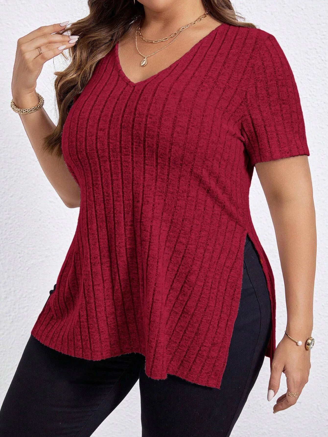 Women'S Plus Size Summer Solid Colour V-Neck Striped Short Sleeve Split Loose Shirt