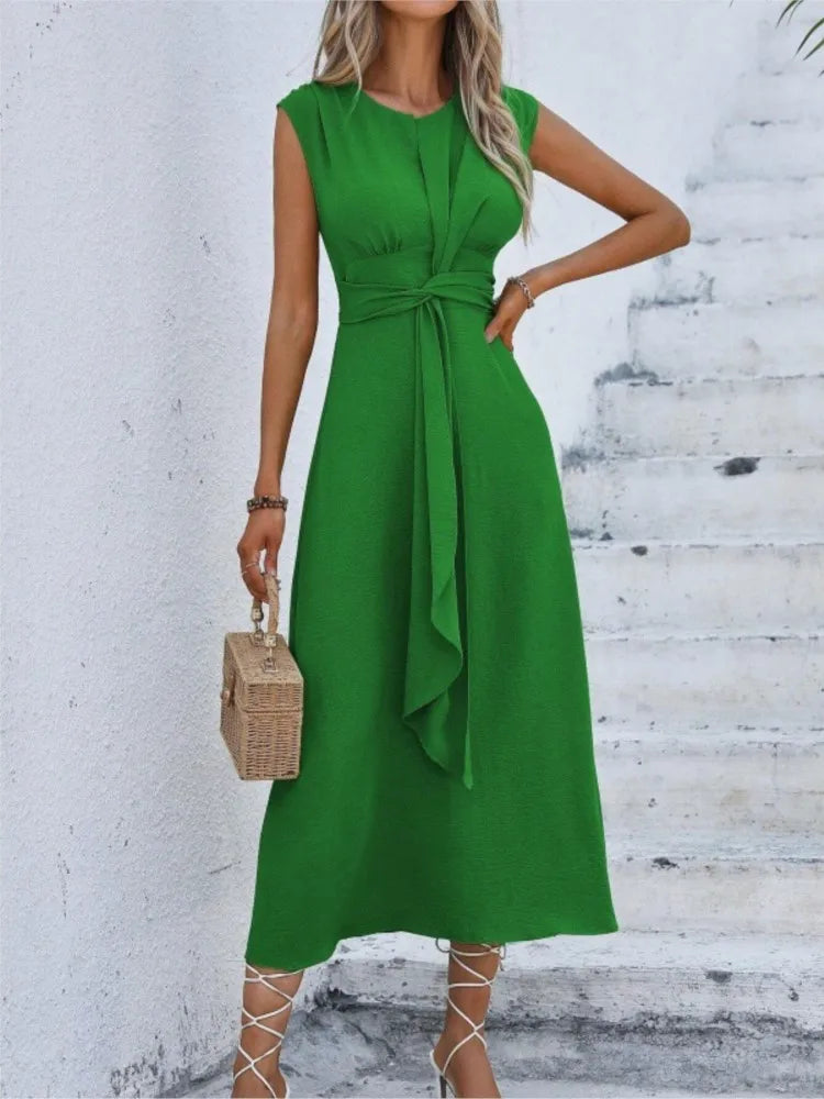 Women's Summer Solid Color Waistband Long Sleeveless Slim Elegant Dress 2025.   S-2X