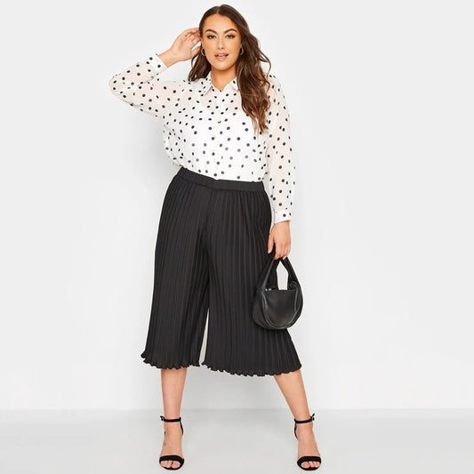 Plus Size Summer Elegant Pleated Capri Pants Women High Waist Loose Casual Wide Leg Cropped Pants Trousers For Any Occasion