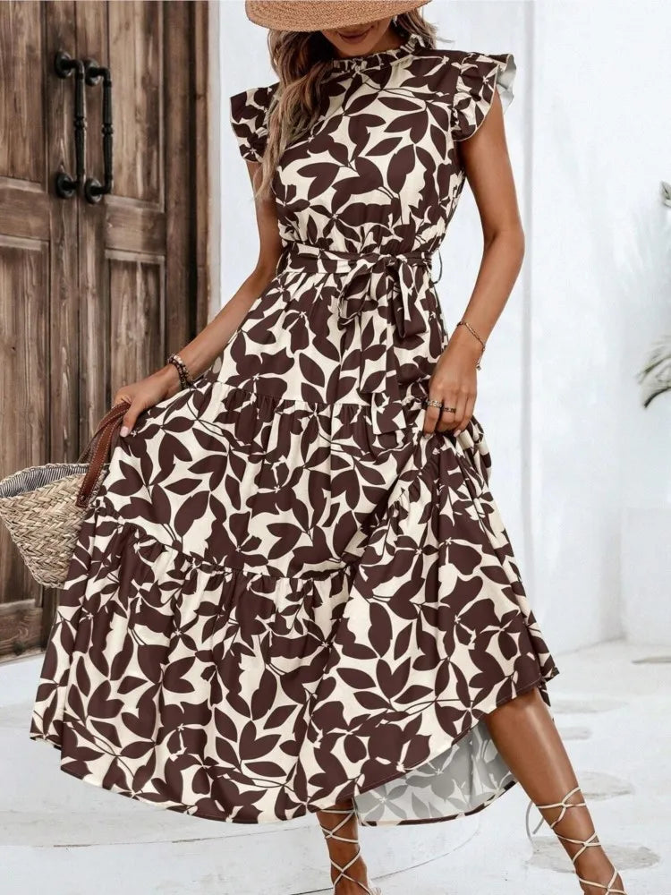 Elegant Women's Flower Midi Dress New Summer Fashion Stand Collar Flying Sleeve Dress Casual Dress.  S-2X