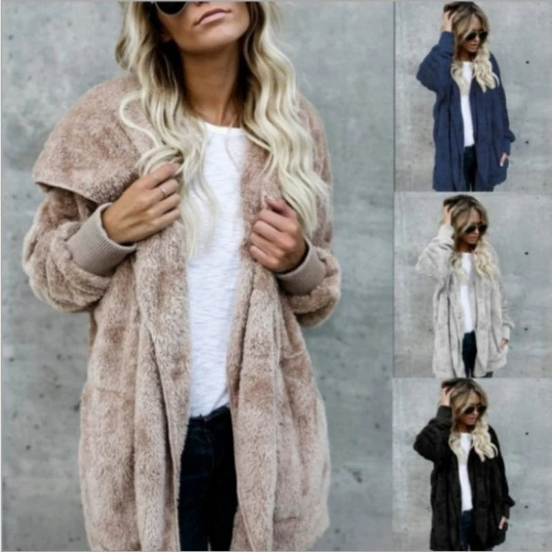 Double Fleece Cardigan Solid Colour Long Sleeve Plush Warm Hooded Lady Oversized Outerwear Coat.  S-5X