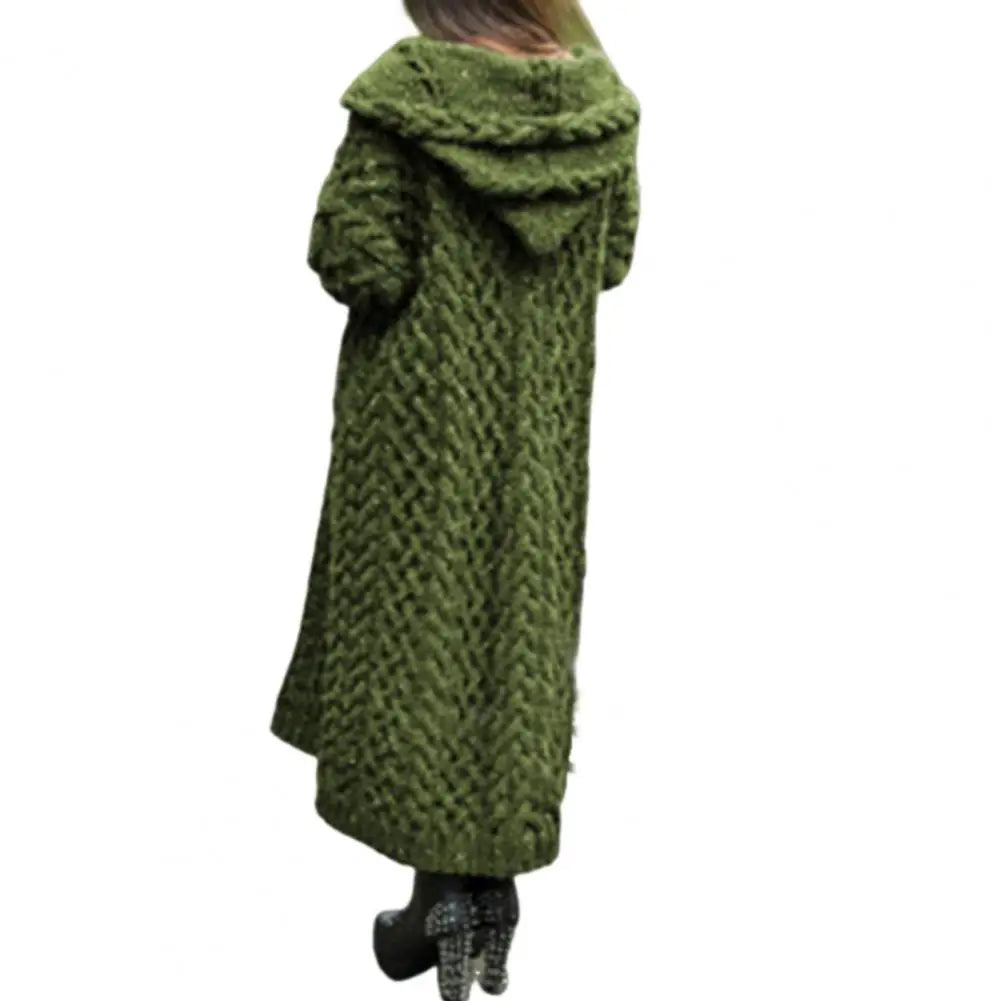 Women Sweater Jacket with Pockets Mid Length Hooded Knitted Twisted Texture Solid Colour Long Sleeve Thick Outerwear.  S-3xl