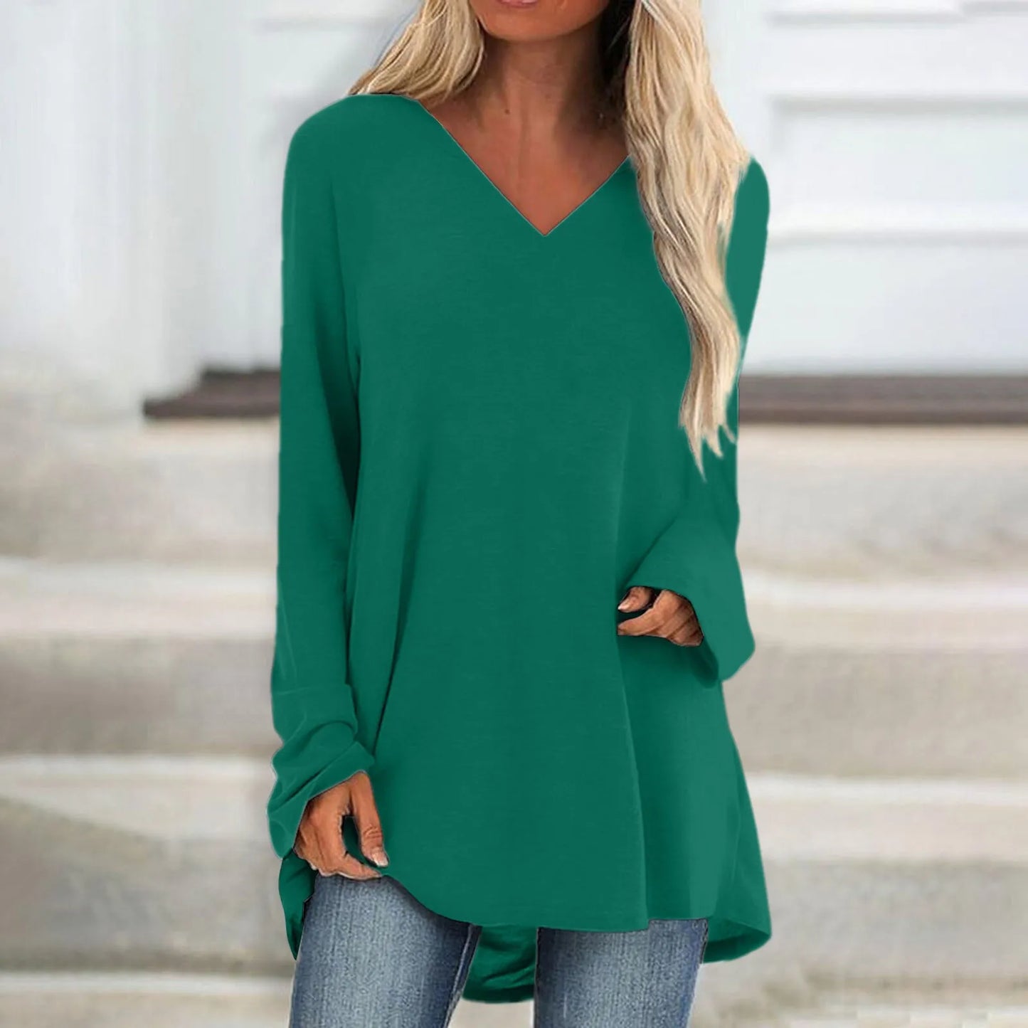 Women's Summer T-shirt Casual Long Sleeve V-Neck Solid Colour Loose Long Blouse/Shirt.  S-3xl