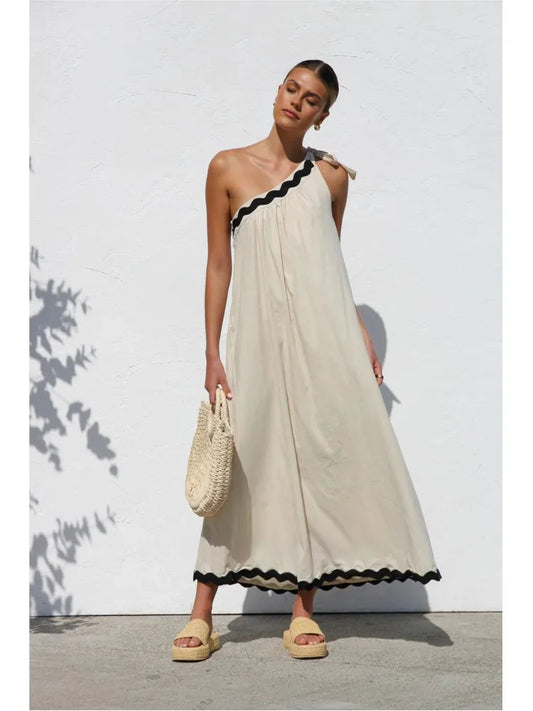 Casual Dress 2025 Summer New French With Sloping Shoulder Style Long Dress.  S-XL