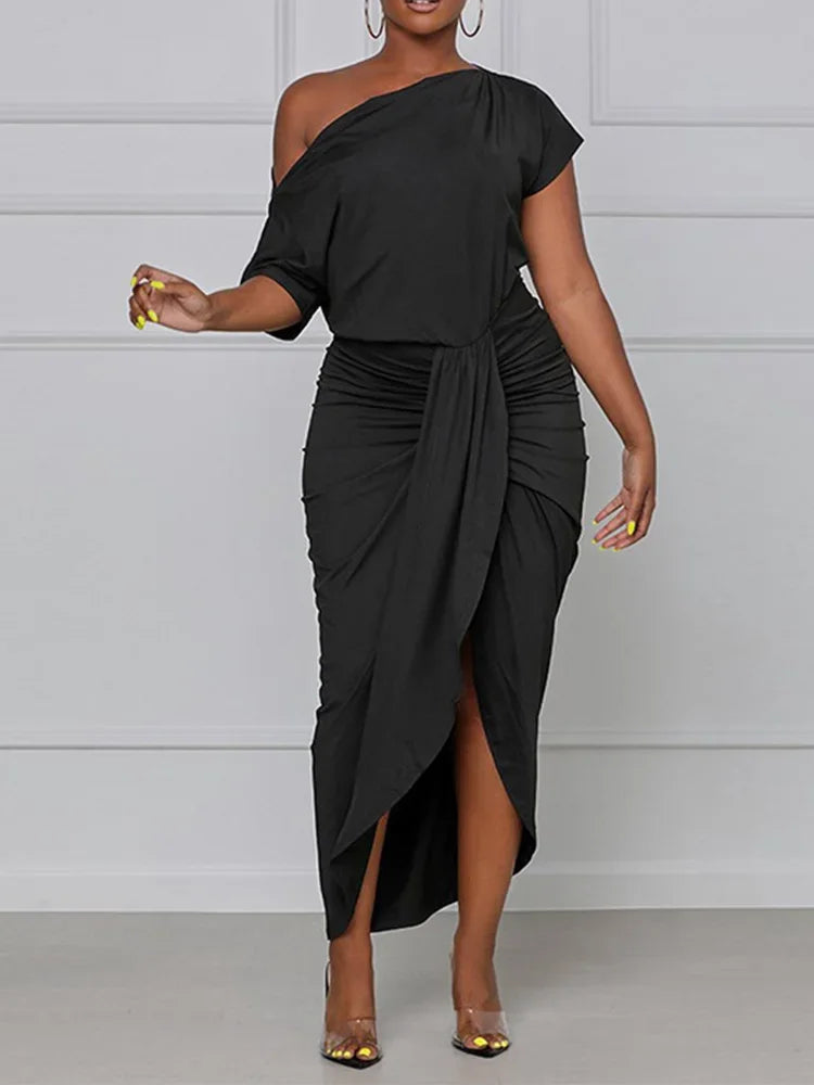 Plain Sexy Skew Neck Sheath Draped Maxi Dress Short Sleeve Party Dress.  S-2X