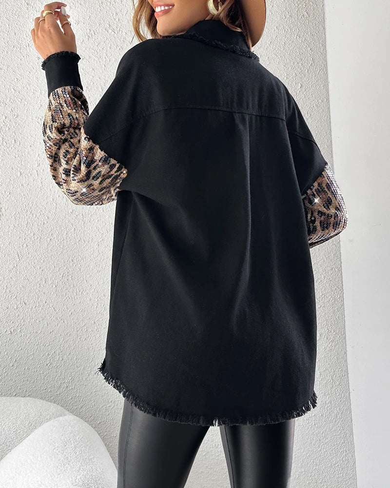 Women’s Turn-down Collar Jackets Contrast Leopard Sequin Patchwork Long Sleeve Jacket/ Top Button Front Raw Hem Shacket