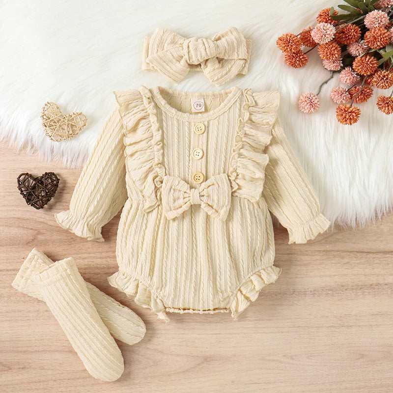 0-12M Infant Baby Girls 3Pcs Fall Outfits Long Sleeve Button Front Ruffle Romper + Socks + Headband Set Lovely Baby Girl outfit