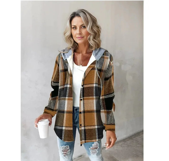 Women's Plaid Style Women's Jacket Hooded Plaid Casual Loose light Jacket.  S-3x