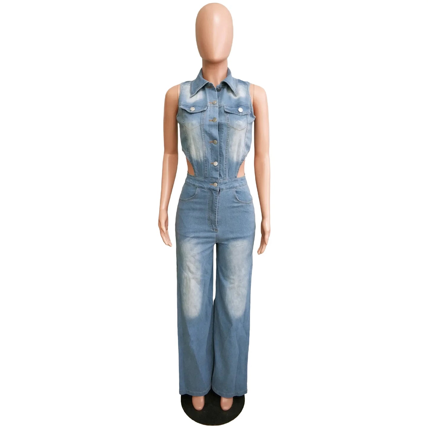 Women Denim One Piece Sleeveless Turn Down Collar Jumpsuit Sheath Sexy Straight Long Pant Rompers Slim Fit. S-2x