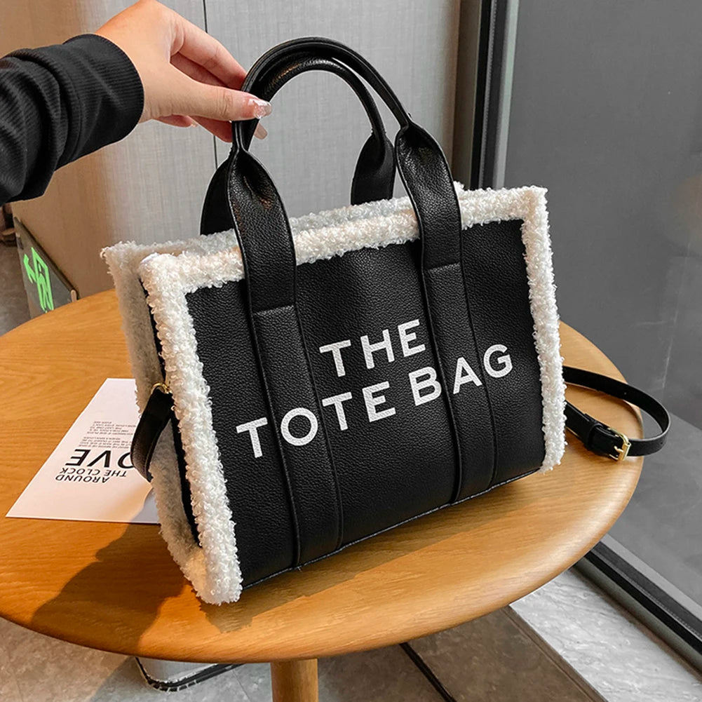 Winter Soft Lamb Wool Stitching Top-Handle PU Leather Fashion Small Cross-body Letter Print Square Tote Bag