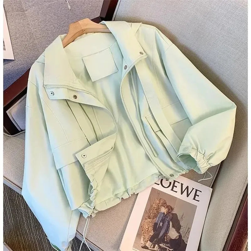 2025 New Spring Women Cropped Hooded Jacket Casual Thin Loose Windbreaker.  S-XL