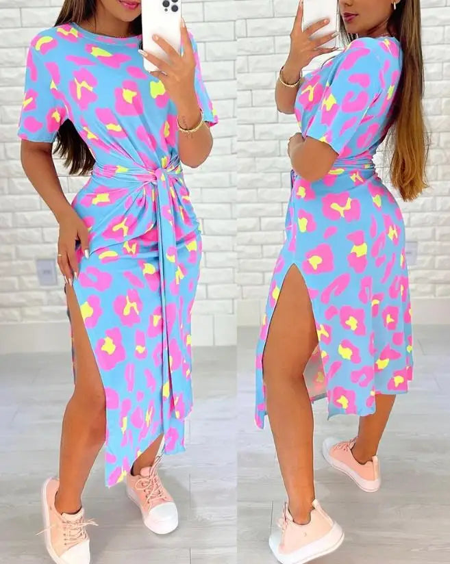 Summer Casual Sexy Elegant Dress Leopard Knotted + Slit Casual Dress.  S-XL